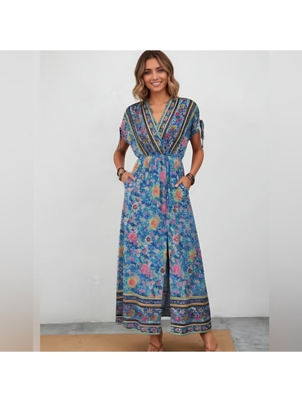 Boho Floral Print Drawstring Batwing Sleeve Split Thigh Dress